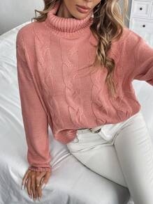SHEIN LUNE 女式高领纯色 Cablekint 宽松毛衣，秋冬款 - 珊瑚粉 - 查看 6