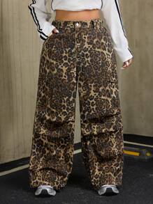 SHEIN ICON Plus Size Women's Front Button Pockets All-Over Print Washed Denim Pants