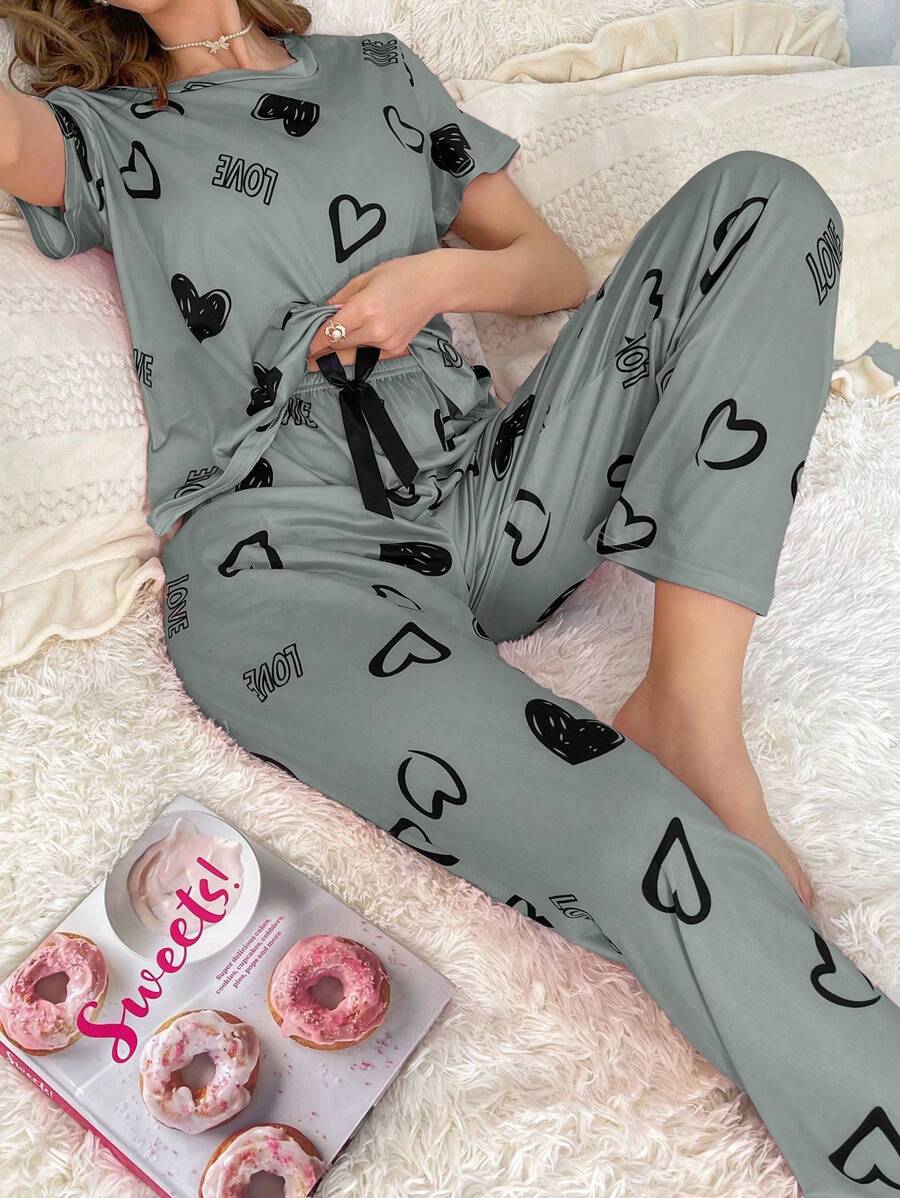 Women Heart Print Crew Neck Short Sleeve T-Shirt And Drawstring Waist Pants Casual Pajama Set