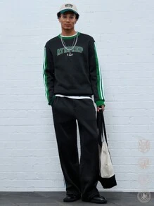 Manfinity VCAY 2pcs Men's Casual Colorblock Striped Letter Print Sweatshirt And Sweatpants Set, Autumn, For Fall Winter