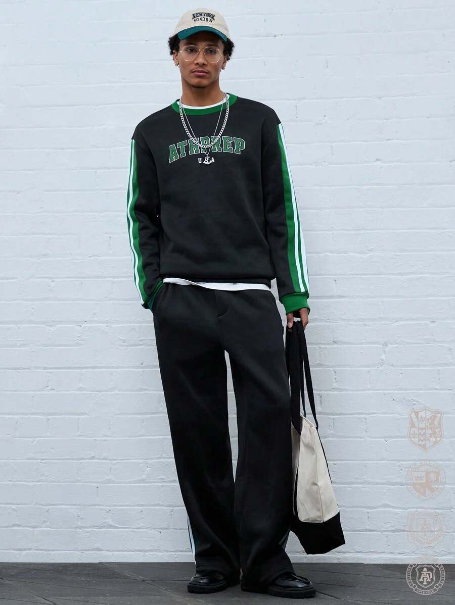 Manfinity VCAY 2pcs Men's Casual Colorblock Striped Letter Print Sweatshirt And Sweatpants Set, Autumn, For Fall Winter