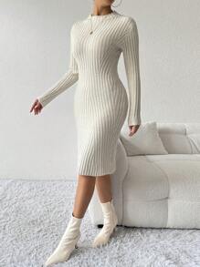 Chiquease Women's Solid Color Crew Neck Long Sleeve Slim Fit Elegant Sweater Dress, Autumn/Winter Fall Cloth For Women - White - View 3