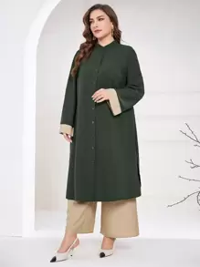 Al Najma Plus Size Solid Color Patchwork Long Sleeve Front Button Placket Casual Top And Pants 2-Piece Set, Casual Modest Longline Classic Muslim Fashion Suit Co-Ords, For Travel/ Casual/Home/Holiday 2 Pieces Set Fall Cloth For Women