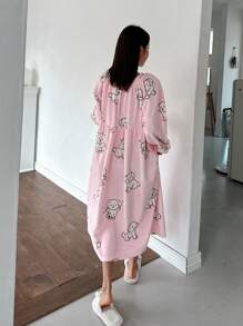DAZY Cute Dog Pattern Flannel Ruched Design Loose Nightgown
