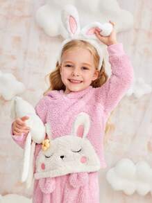 2pcs Young Girls Simple Pink Plush Cute Rabbit Pattern Hooded Long Sleeve Top And Pants Sleepwear Set - Baby Pink - View 4