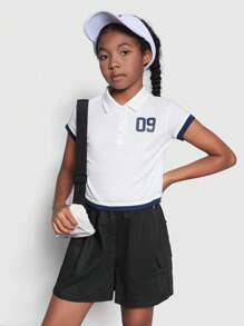 SHEIN Tween Girl Knitted Patchwork Number Print Polo Neck Short Sleeve T-Shirt - Blue and White - View 5