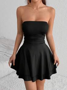 SHEIN Váy yếm mini viền nhún màu trơn, thường ngày - màu đen - Xem 1