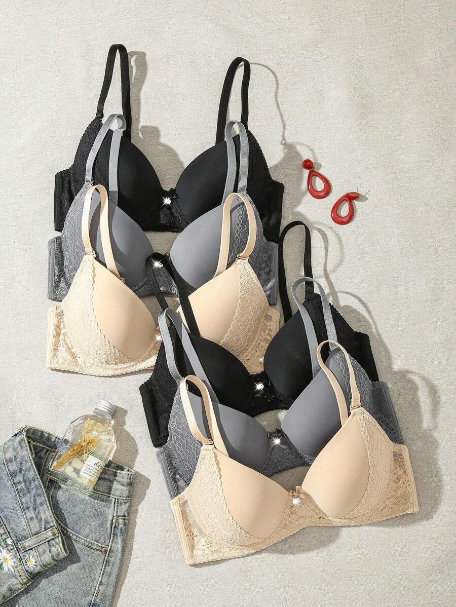 6 piezas/Conjunto Sujetadores acolchados con aros simples y románticos de encaje liso para mujeres - Multicolor - Ver 1
