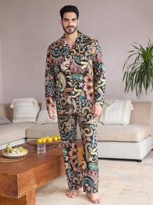 Manfinity ChillVibe Men's Botanical Print Single-Breasted Long Sleeve Top And Pants Pajama Set - Multicolor - View 6