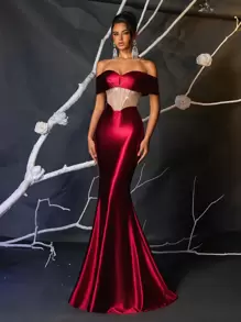 SHEIN Belle 优雅华丽的勃艮第和香槟色可拆卸肩带奢华串珠亮片缝线弹力缎面收腰透视紧身美人鱼下摆适合婚礼活动度假单身派对舞会晚礼服（重工风格）、婚礼活动礼服、正式礼服、婚礼嘉宾、毕业典礼、晚宴 - 紫色 - 查看 1