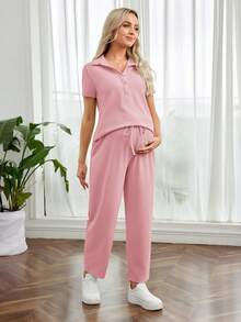 SHEIN 2 bộ đồ bà bầu mặc đi làm thường ngày cổ áo polo cài nút phía trước tay ngắn có thể điều chỉnh eo vừa vặn thoải mái cho bà bầu - Màu Hồng baby - Xem 3