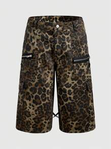 ROMWE MEN Street Life 男士豹纹迷彩印花七分牛仔裤，街头朋克风格 - 駝色 - 查看 2