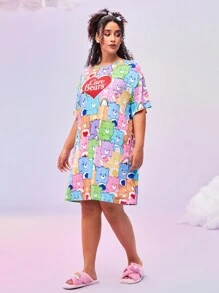 SHEIN X Care Bears Camisón de manga corta con estampado de corazón y osito, con efecto superpuesto, de estilo Y2K, tallas grandes y colorido - Multicolor - Ver 8
