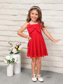 SHEIN 小女童前蝴蝶結鏤空吊帶連衣裙 - 紅色 - 查看 6