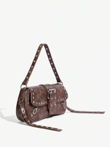 SHEIN SXY 女士、女式单肩包、流浪包、时尚、简约、个性化、多功能、街头、酷炫、铆钉、复古、复古、青少年、Y2K 包、波西米亚风格女包、2000 年代时尚风格女包 - 棕色 - 查看 4