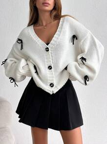 EURMUSE Ribbon Accessory Detailed V-Neck Drop Shoulder Cardigan - Beige - View 1