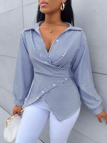 SOLERSUN Women's Striped Print Button Front Shirt,Asymmetrical Hem ,Batwing Sleeve,Wrap Blouse,Fall Outfits,Long Sleeve,Winter Clothing,Elegant,Daily Commuting,Going Our,Casual,Long Sleeve Tops