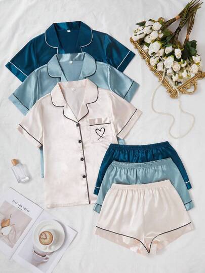 LuxeNights 3-Piece Heart Embroidered Pocket Collar Faux Silk Blouse & Shorts Set