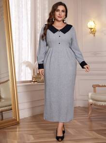 Modelyn Plus Size Elegant Color Block Waisted Dress For Spring & Autumn, Elegant Vintage Fitted Dresses, For Evening Party/Wedding Guest/Anniversary Maxi Women Outfit Long Evening Dresses