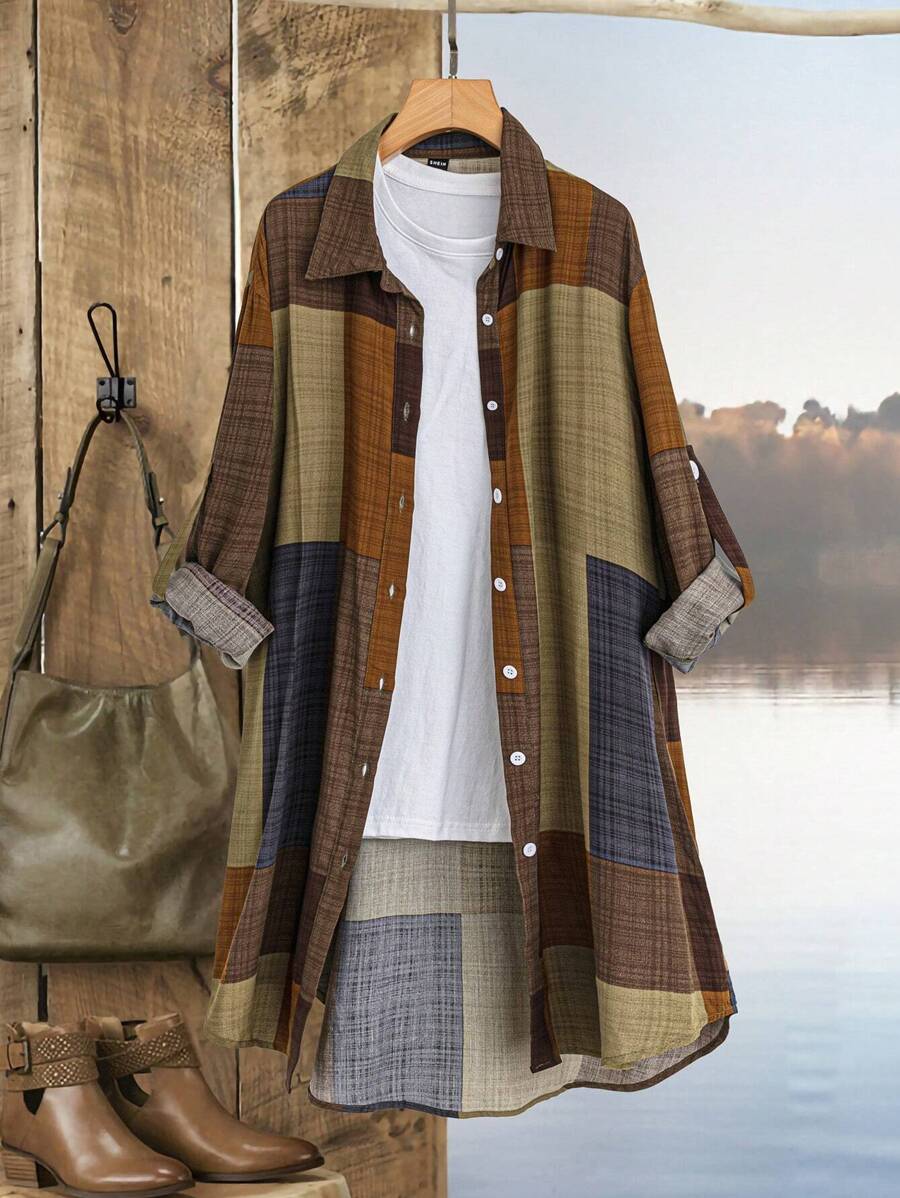 EMERY ROSE 女士休闲格子印花长袖纽扣衬衫，秋季女士衬衫