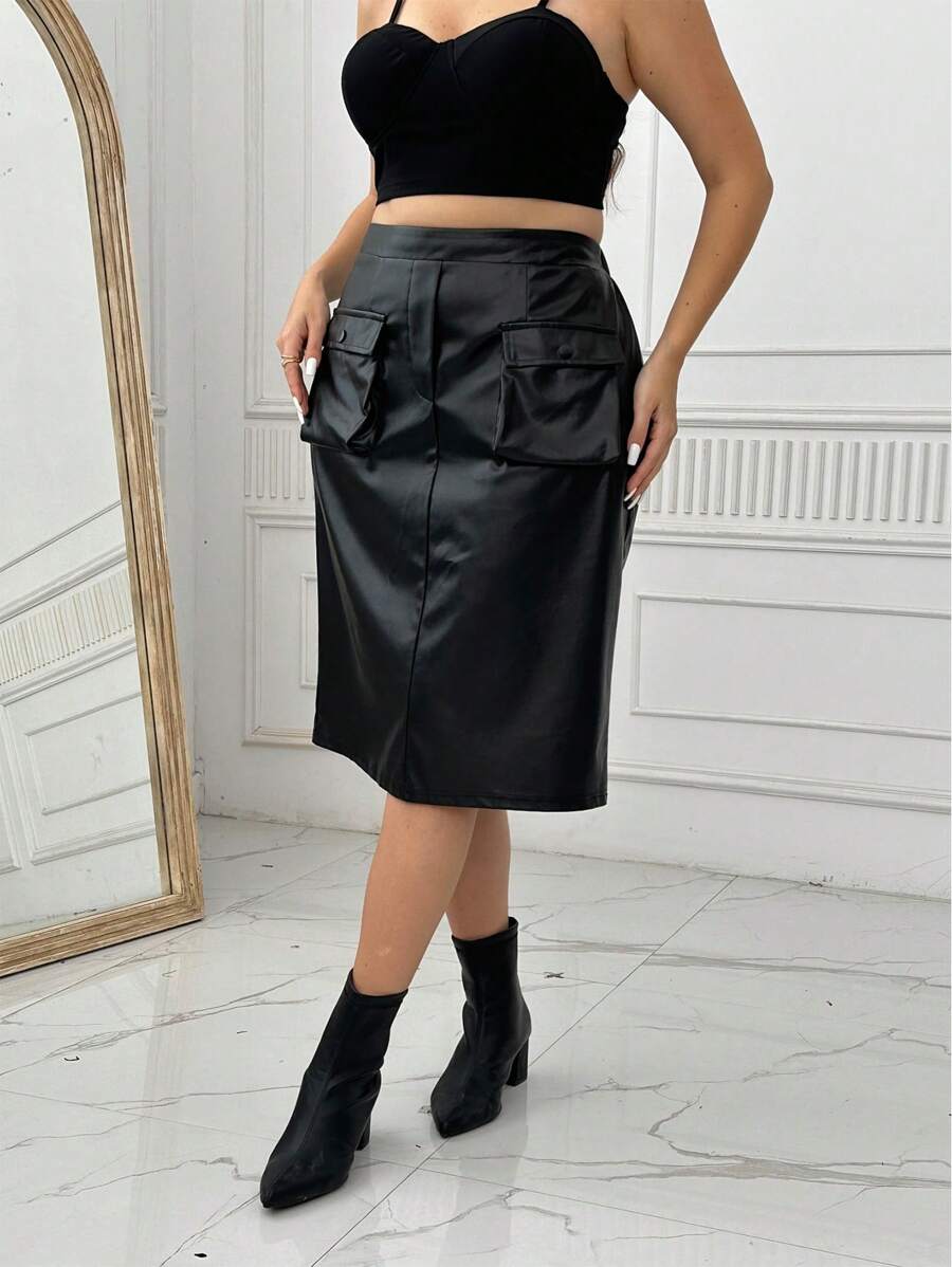 SHEIN Clasi Plus Size Pocket Design Slim Chic Streetwear Skirt - Black - View 1