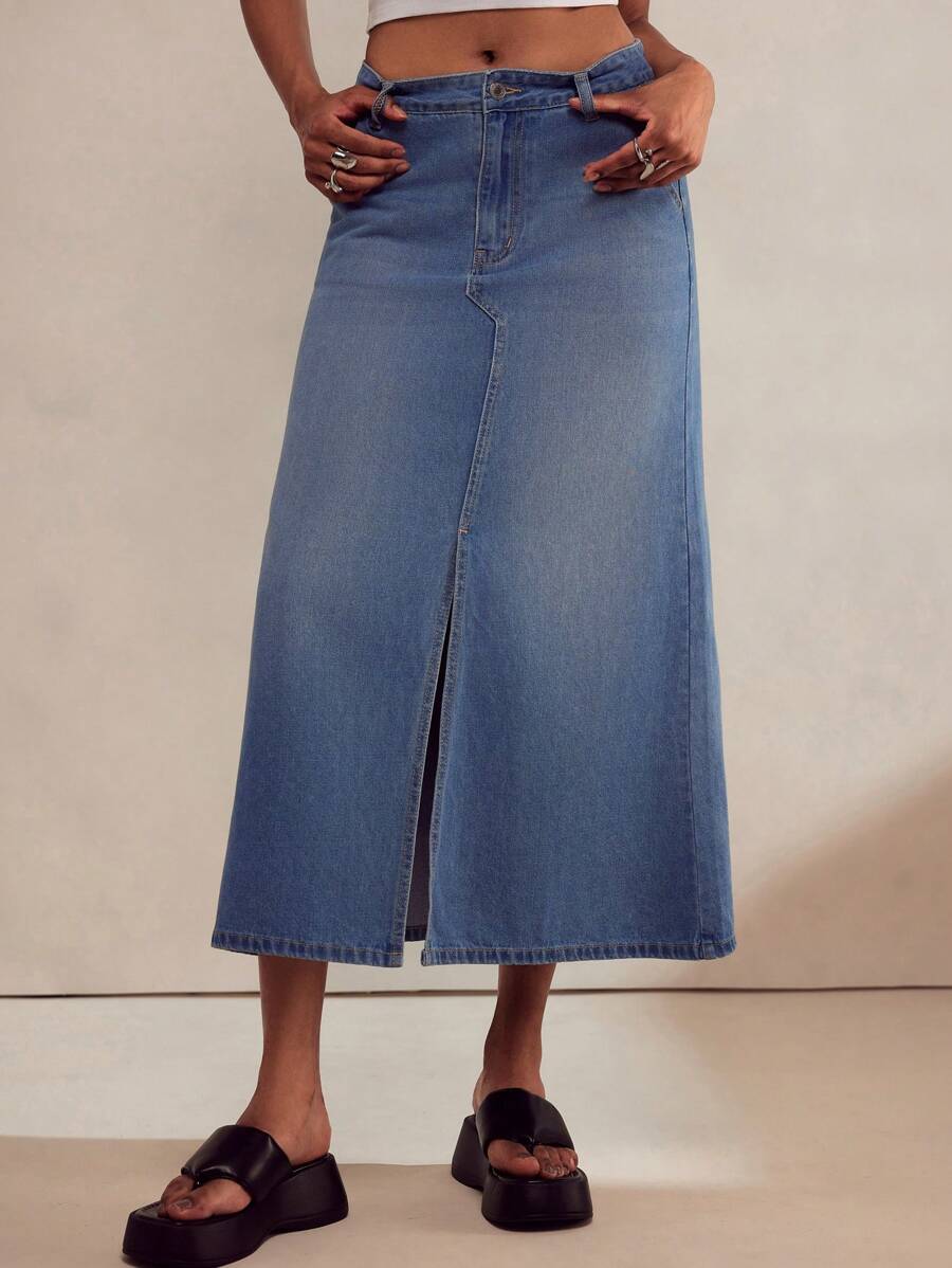 TrendSteals New Autumn/Winter Vintage Washed Denim A-Line Skirt With Front & Back Slit - Blue - View 1