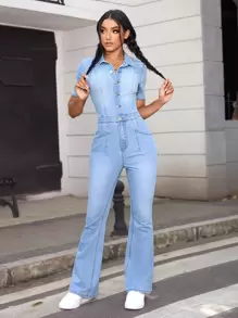 SHEIN EZwear Bộ đồ liền thân denim ống loe ôm vừa vặn mùa hè cho nữ - Rửa nhẹ - Xem 6