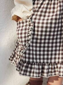 Blossori Young Girls' Elegant French Black & White Plaid Loose Bib Dress, Autumn/Winter