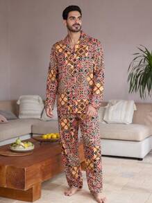 Manfinity ChillVibe Men's Lapel Neck All-Over Print Long Sleeve Top & Pants Casual Loungewear Set - Multicolor - View 8