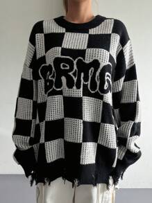DAZY Suéter casual de mujer con bloqueo de color, estampado de letra de pata de gallo y efecto desgastado, a cuadros de otoño - Negro - Ver 1