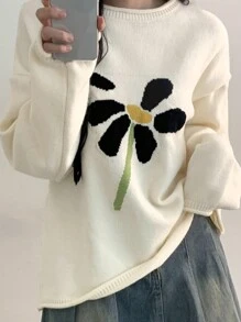 DAZY 女式花卉印花落肩圆领宽松休闲毛衣，秋冬季 - 白色 - 查看 9