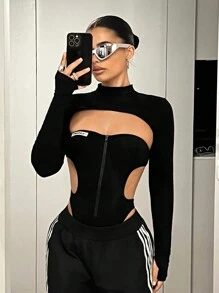 SHEIN ICON 2 件女式修身背心和镂空露背连体裤套装 - 黑色 - 查看 5