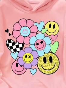 SHEIN Leap Crew Sudadera con capucha de ajuste holgado de manga larga gruesa, informal, con estampados de sonrisa, leopardo, corazón, floral y otoño en color rosa, adecuada para otoño/invierno para niña preadolescente