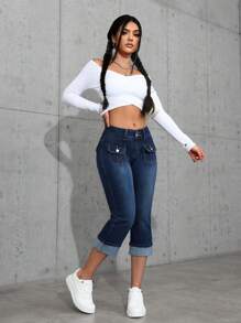 SHEIN EZwear Quần Capri denim Cargo thường ngày cho nữ có gấu quần bo gấu - Rửa tối - Xem 6