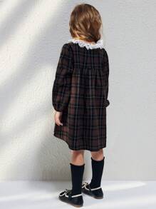 Blossori 年轻女孩优雅法式棕色格子荷叶边宽松长袖编织连衣裙，秋冬 - 棕色 - 查看 6