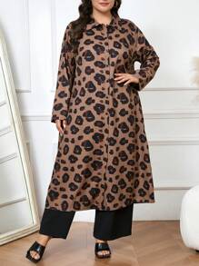 Mulvari 2pcs Plus Size Front Button Leopard Print Long Sleeve Top And Pants Casual Set - Coffee Brown - View 2