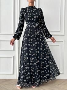 EURMUSE Women Flower Printed Long Sleeve Long Maxi Dress - Black - View 5