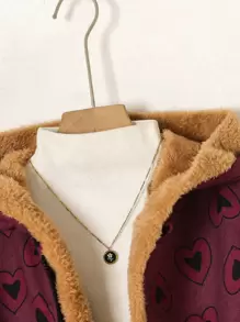 Young Girls Digital Print Heart Pattern Thermal Lined Hoodie Jacket With Zipper Closure, Long Sleeve Mid-Length Casual Warm Outerwear, Winter - Burgundy - View 5