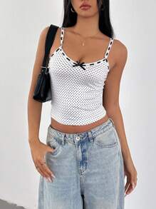 SHEIN SXY 圆点印花休闲无袖上衣，配蝴蝶结装饰