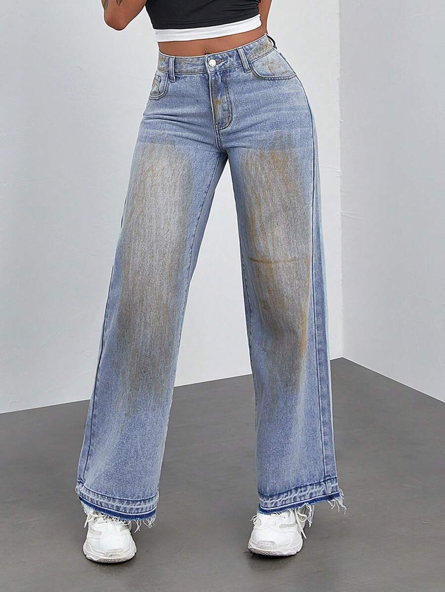 SHEIN ICON Jeans droits ample pour femmes avec poches, décontracté et polyvalent grunge - Jean bleu - Voir 1