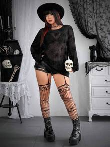 Whyspr 大码女式蜘蛛网印花圆领长袖透明衬衫 - 黑色 - 查看 3