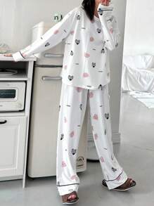 DAZY Women Cute Cartoon Print Round Neck Drop Shoulder Top And Pants Pajamas Set, Spring Summer - Beige - View 6