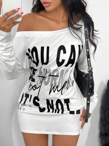 SHEIN SXY Plus Size Women Sexy Vintage Y2K Baddie Letter Shoulder Cut-Out Mini Dress,Suitable For Street, Casual, Sexy, Daily Travel, Shopping, Dating, Cool,Comfortable To Wear,Easy To Match&Looks Slim,Accent Your Body,Flatter The Figure - White - View 3