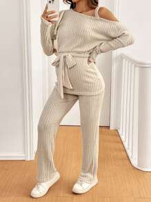 SHEIN 2pcs/Set Maternity Asymmetrical Neck Long Sleeve Top, And Pants Set - Apricot - View 3