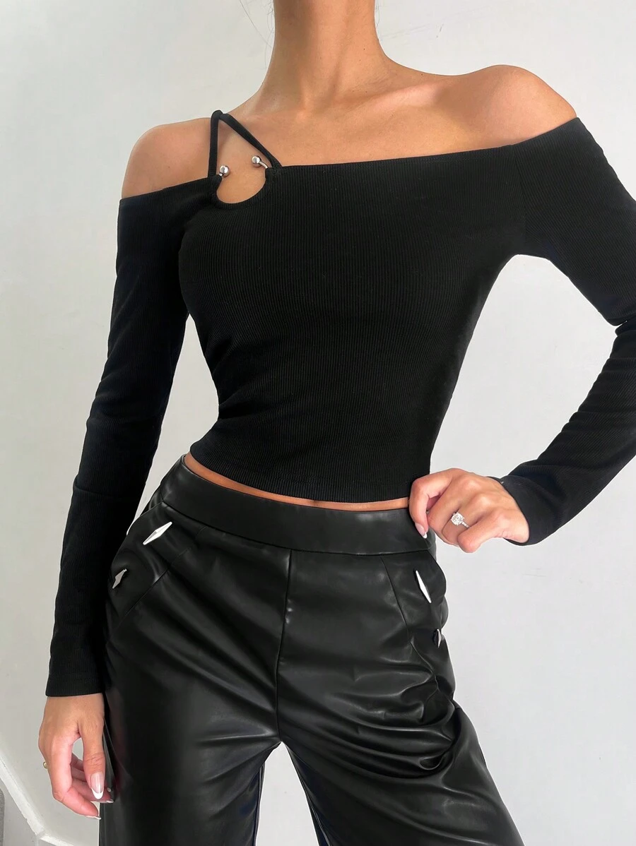 SHEIN X Belinda SHEIN Essnce Women's Casual Asymmetric Collar Solid Color Blouse, Spring Autumn