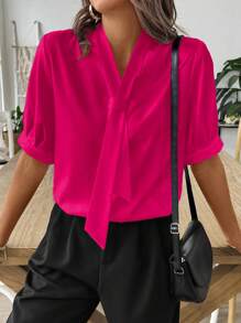 Chiquease Blusa elegante e fluida da donna con colletto e laccio, tinta unita per l'estate