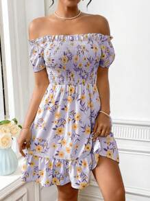 Lunelith SHEIN Lunessa Off Shoulder Floral Print Short Sleeve Dress