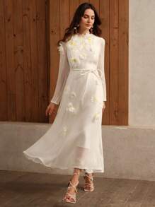 Anewsta Elegant 3D Daisy Decor Organza Long Sleeve Midi Dress With Vacation Vibe - White - View 8