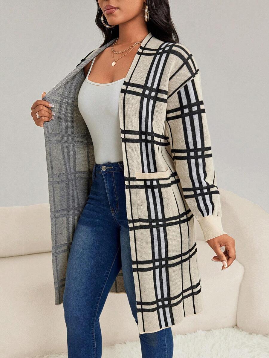 SHEIN Lady 春夏休闲优雅工作格子条纹女式开衫女式外套、长袖上衣 - 彩色 - 查看 1