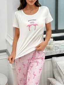 火烈鸟印花圆领短袖上衣和裤子睡衣套装 - 粉色 - 查看 3